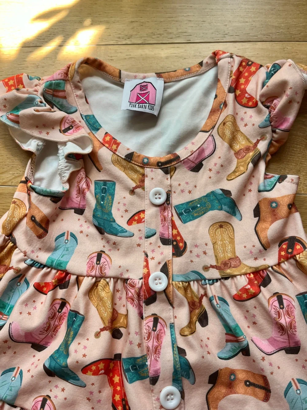 Girls' Pink Cowboy Boot Print Ruffle Dress